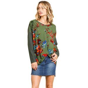 Umgee USA Top Size Medium Floral Waffle Knit Long Sleeve Pullover Olive Green